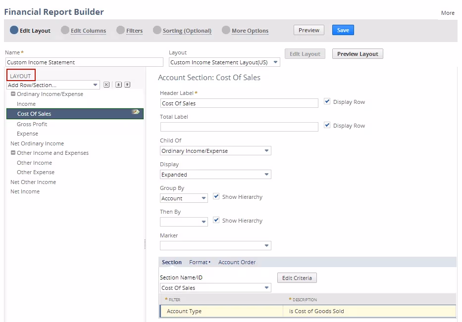 NetSuite Financial Report Builder Edit Layout screen, showing the interface used to configure income statement sections